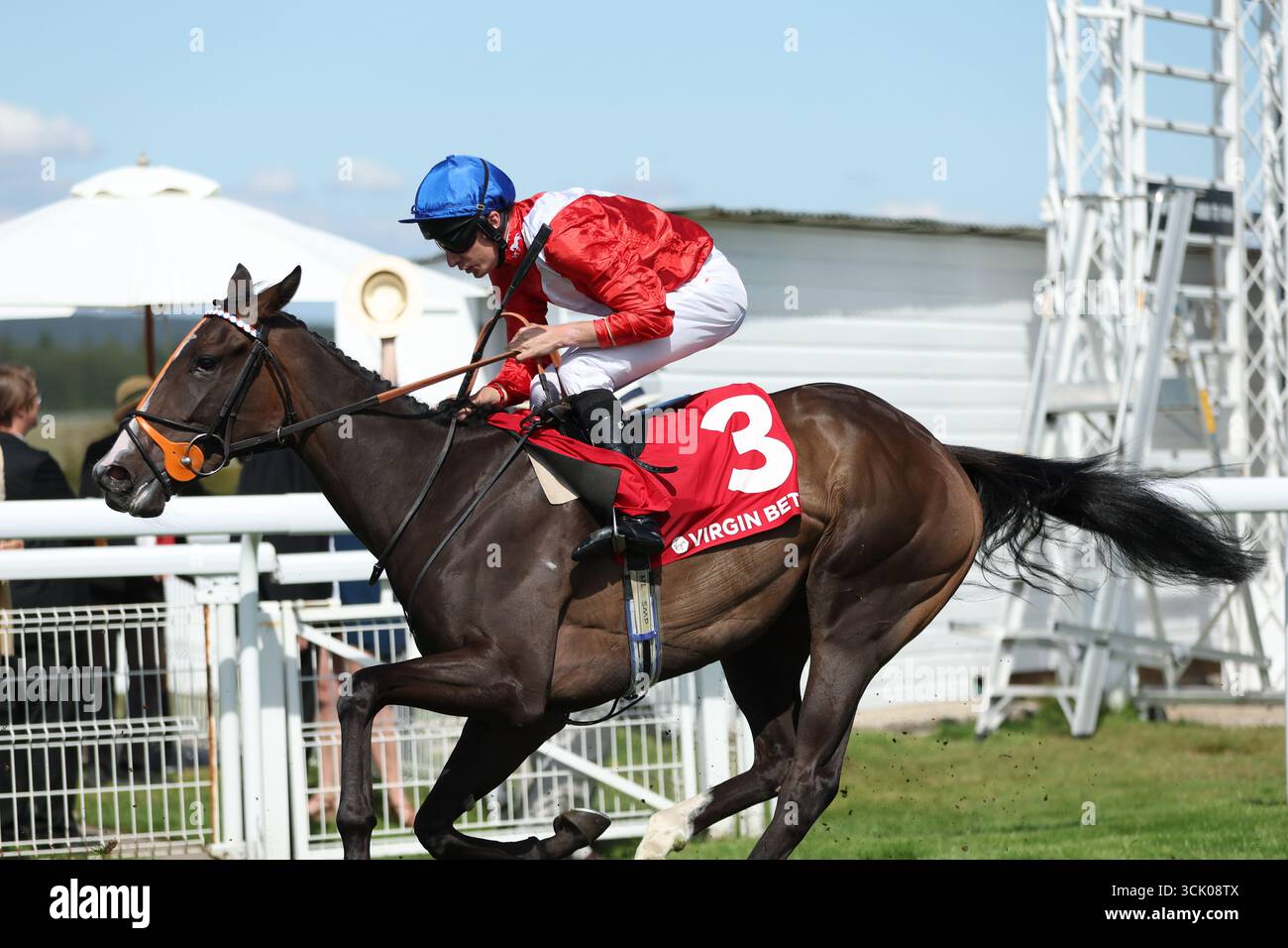 Photo du dossier datée du 24-08-2025 de Moon Target qui peut se relever de la tâche dans les Betfred May Hill Stakes à Doncaster. Date d'émission : mardi 9 septembre 2025. Banque D'Images