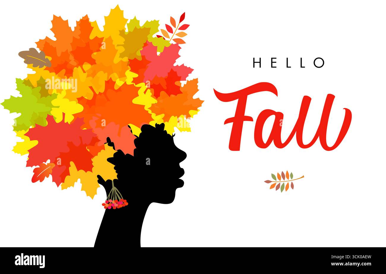 Bonjour affiche créative d'automne avec l'image Lady Autumn. Silhouette automnale et couronne feuillue Illustration de Vecteur