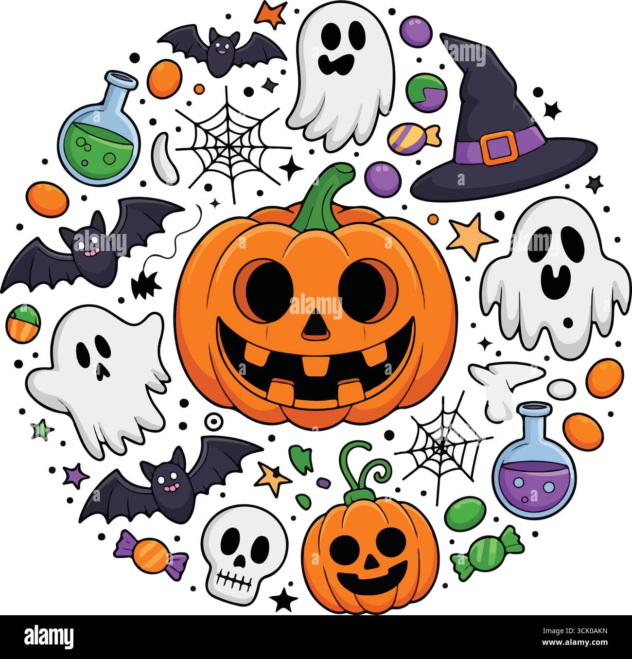 Éléments colorés d'Halloween ensemble avec des citrouilles, des fantômes, des chauves-souris et un chapeau de sorcière Illustration de Vecteur