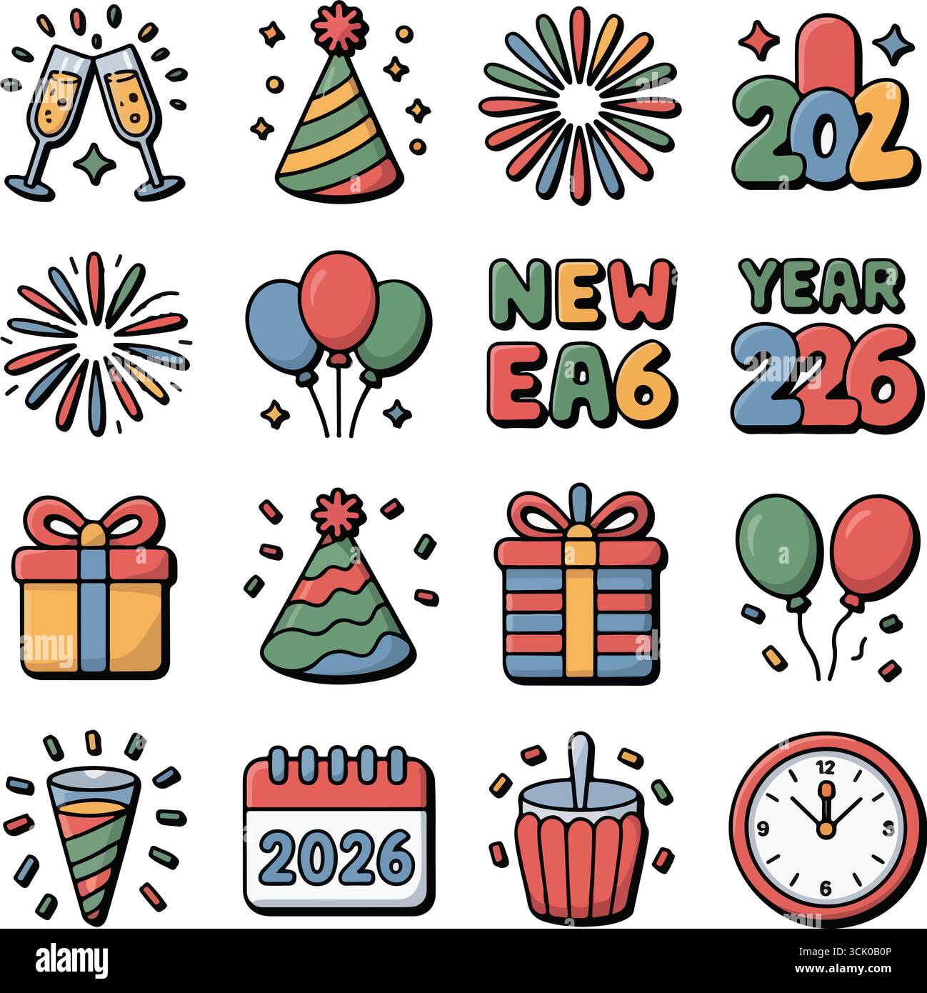 Éléments festifs du nouvel an 2026 dans des illustrations de style bande dessinée Illustration de Vecteur