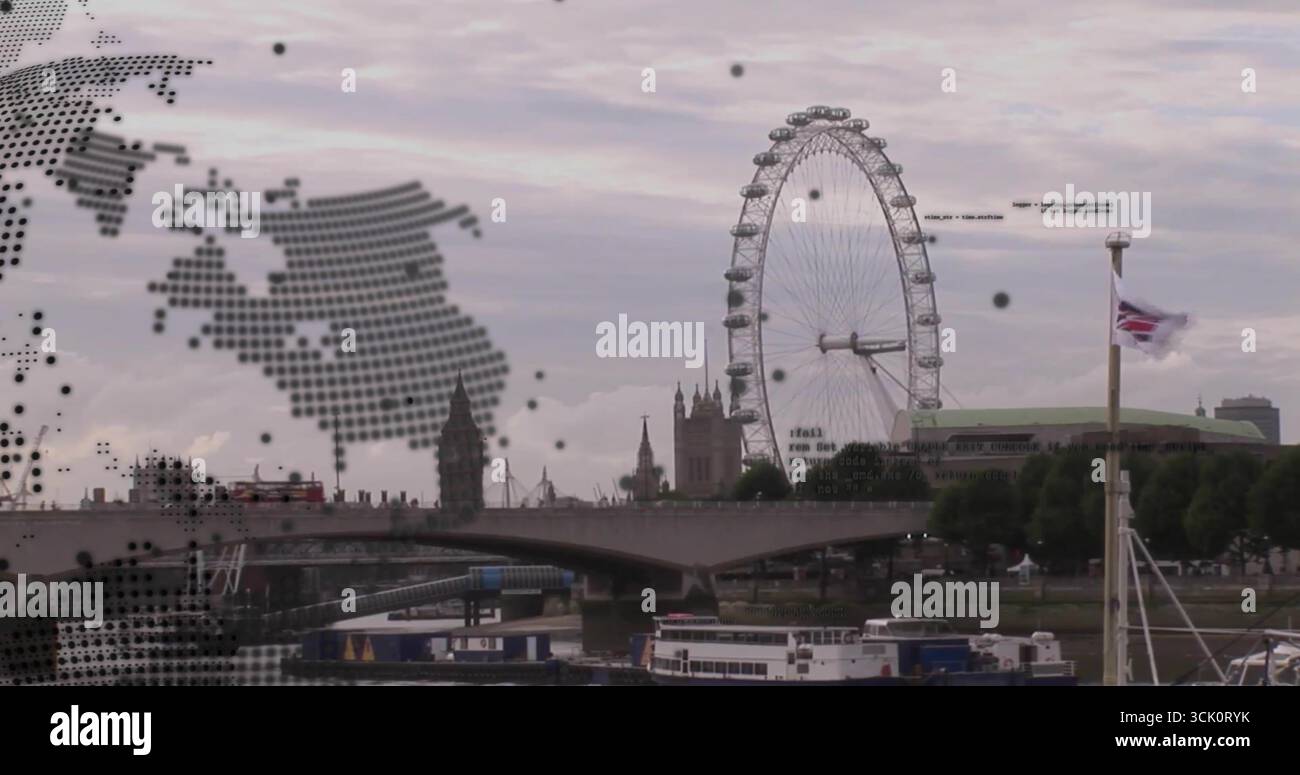 London Eye tournant le long de la Tamise, avec pont, superposition de carte et drapeau de l'Union Jack, espace copie Banque D'Images