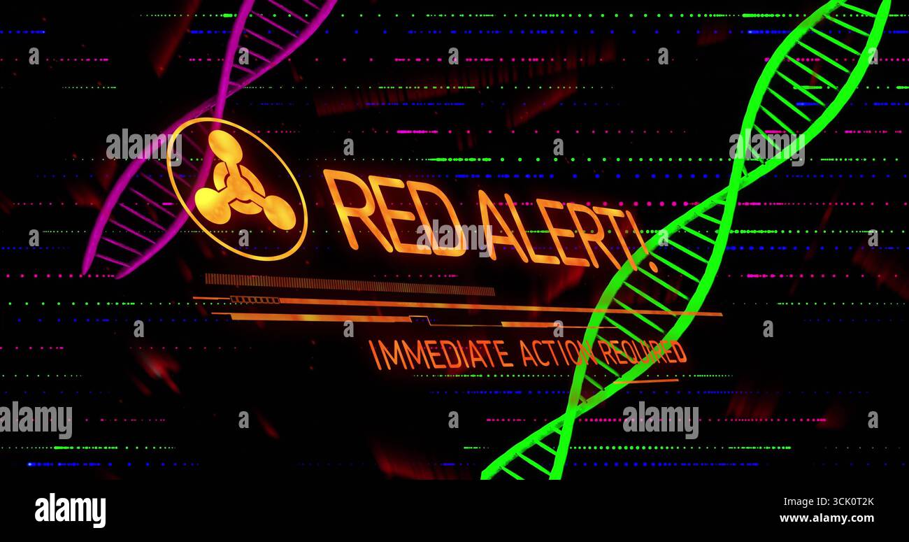 Affichage de L'ALERTE ROUGE orange avec icône d'avertissement et sous-titre sur le panneau, les visuels ADN scannant des stries Banque D'Images