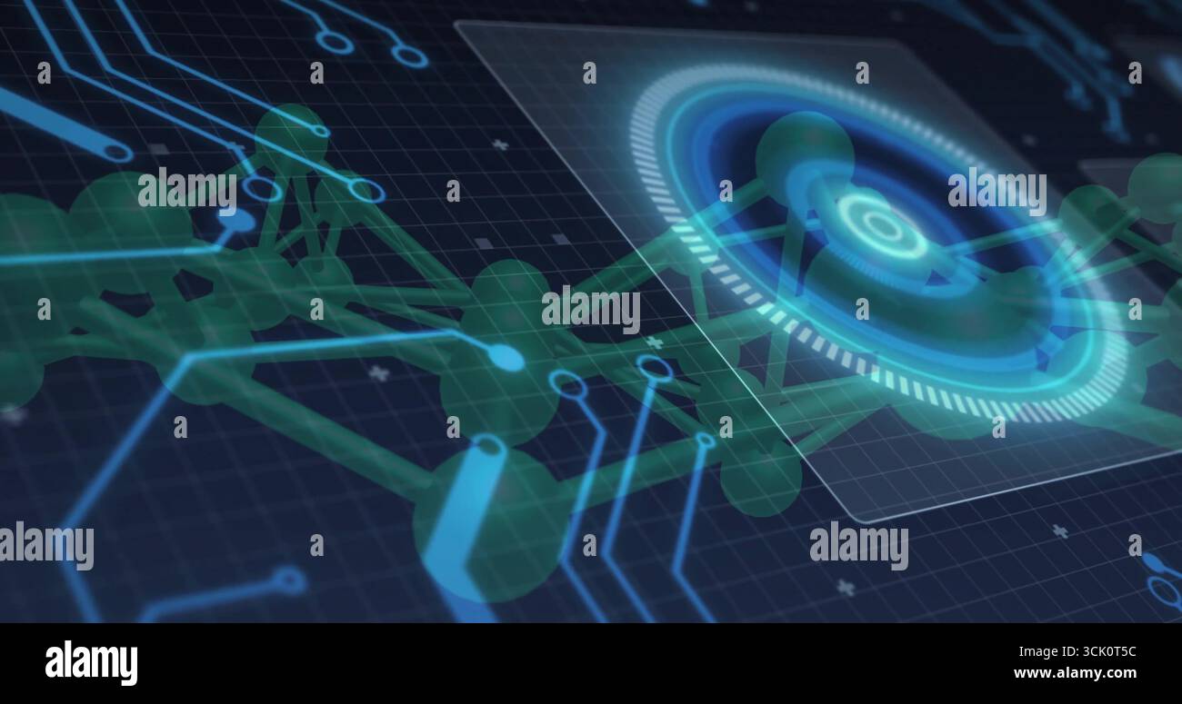 Affichage de sphères vertes reliées par des tiges flottant sur une grille sombre avec des circuits bleus, panneau holographique Banque D'Images