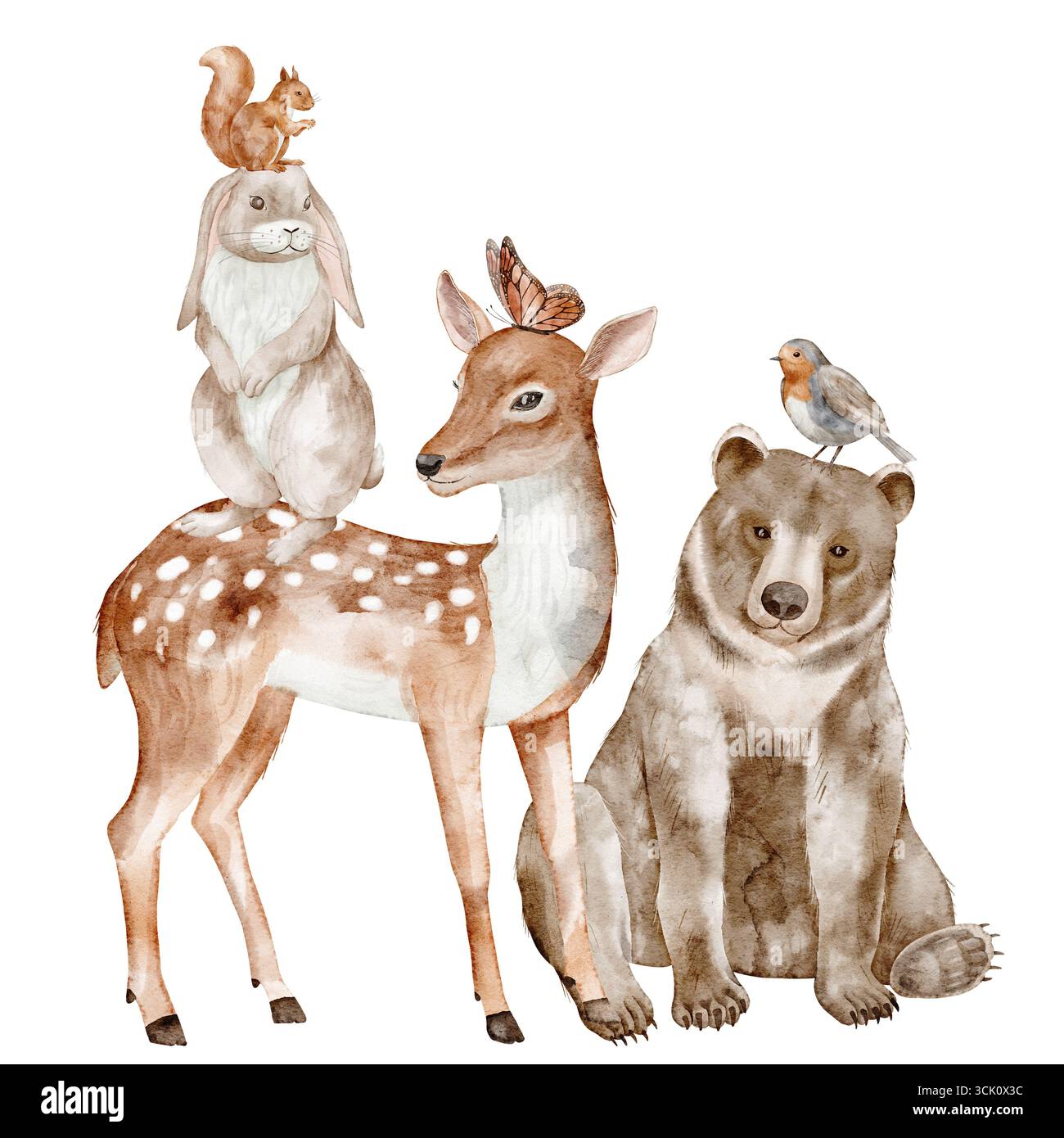 Les animaux des bois à l'aquarelle, y compris le cerf, l'ours, le lièvre, l'écureuil, l'oiseau et le papillon. Illustration de créatures forestières pour des affiches de pépinière ou des invitations de douche de bébé et des cartes de voeux. Banque D'Images