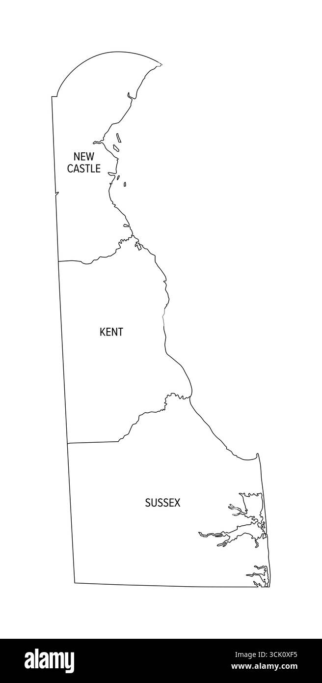 État du Delaware, plan. État des États-Unis dans la région du centre-Atlantique et du nord-est des États-Unis, subdivisé en trois comtés. Banque D'Images
