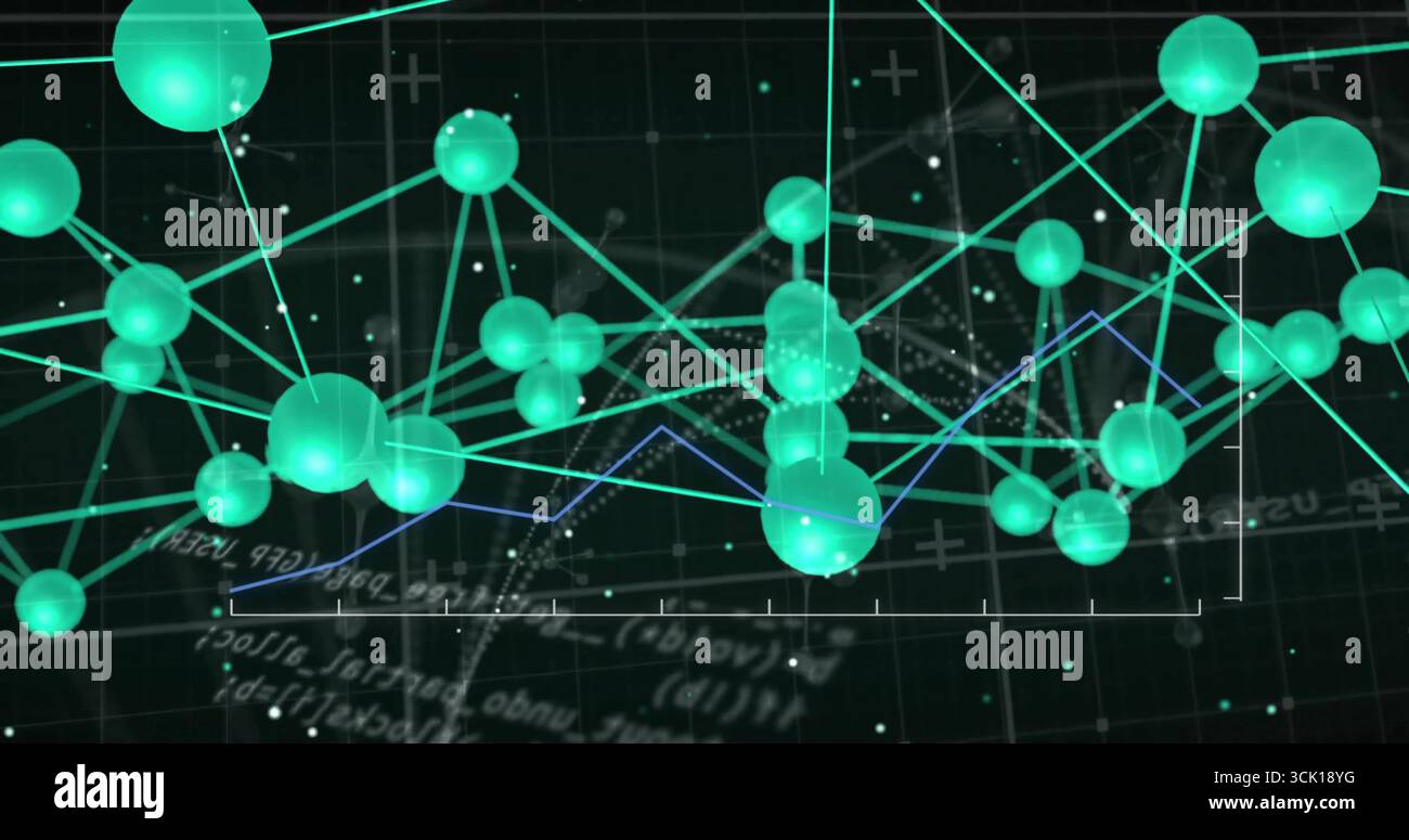 Affichage des sphères vertes se connectant par des lignes dans l'espace de grille avec des points positifs, du texte de formule et une ligne bleue Banque D'Images