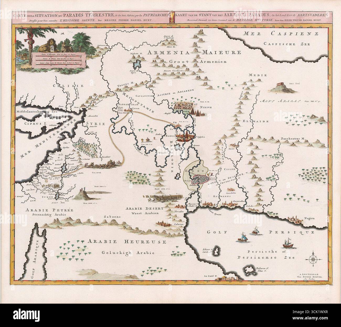 Pierre mortier, situation du Paradis terrestre (carte de l'emplacement du paradis terrestre, et du pays habité par les patriarches, dressée pour une meilleure compréhension de l'histoire sacrée, par M. Pierre Daniel Huet). Légendes françaises et néerlandaises. Publié Amsterdam, vers 1700. Banque D'Images Pierre mortier, situation du Paradis terrestre (carte de l'emplacement du paradis terrestre, et du pays habité par les patriarches, dressée pour une meilleure compréhension de l'histoire sacrée, par M. Pierre Daniel Huet). Légendes françaises et néerlandaises. Publié Amsterdam, vers 1700. Banque D'Images