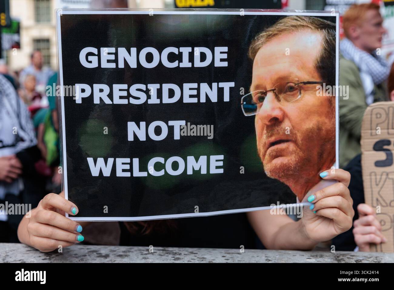 Londres, Royaume-Uni. 9 septembre 2025. Des militants pro-palestiniens assistent à une manifestation en face de Downing Street contre la visite au Royaume-Uni du président israélien Isaac Herzog. Les manifestants ont appelé à l'arrestation du président israélien, cité dans une ordonnance de la Cour internationale de Justice appelant à des mesures provisoires contre Israël pour protéger les Palestiniens de Gaza contre le génocide, et ont critiqué le premier ministre britannique Sir Keir Starmer pour avoir autorisé sa visite. Le président Herzog devrait rencontrer le premier ministre britannique lors d'une visite de trois jours. Crédit : Mark Kerrison/Alamy Live News Banque D'Images
