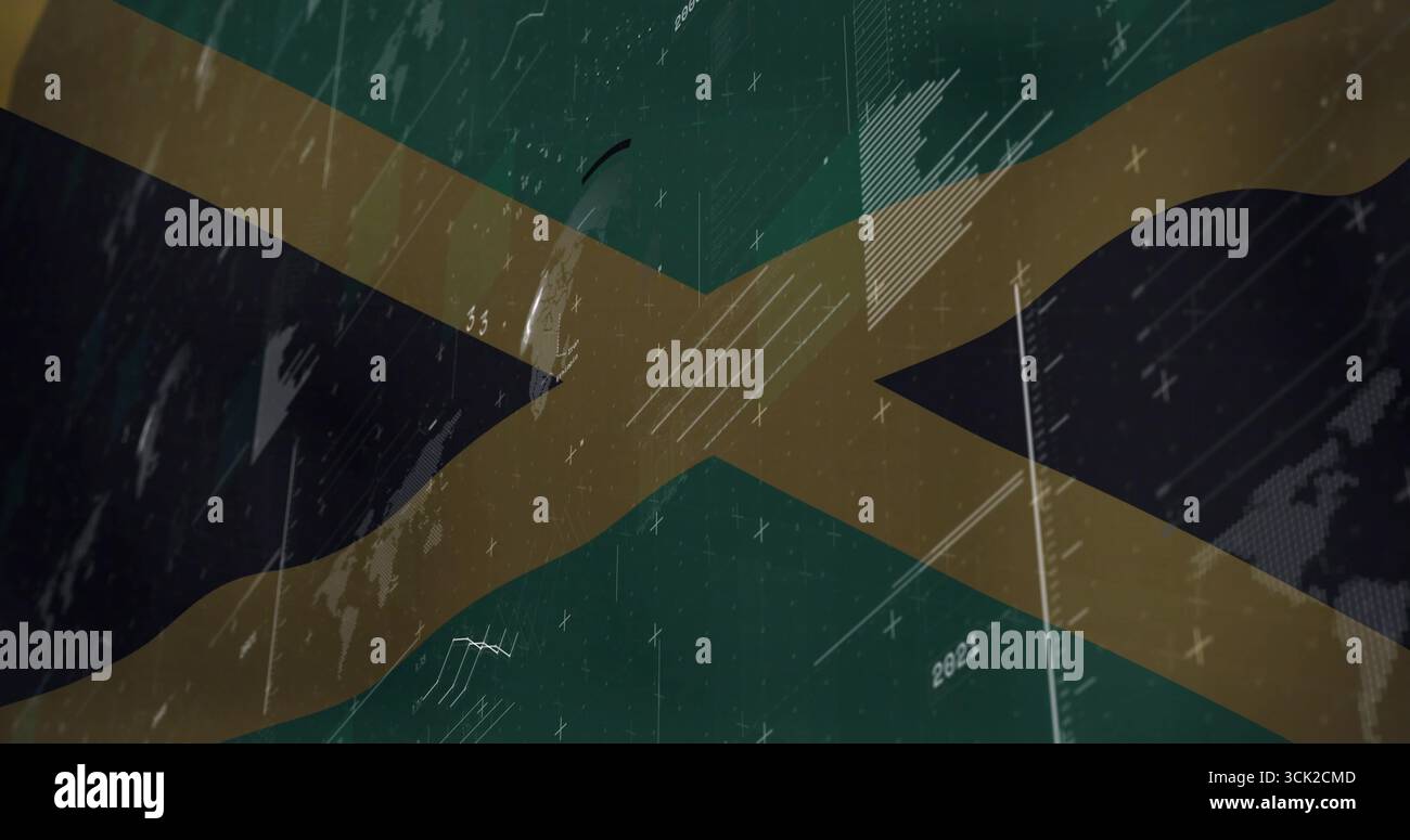 Affichage graphique stylisé du drapeau jamaïcain scintillant dans un environnement numérique, avec des artefacts parasites Banque D'Images