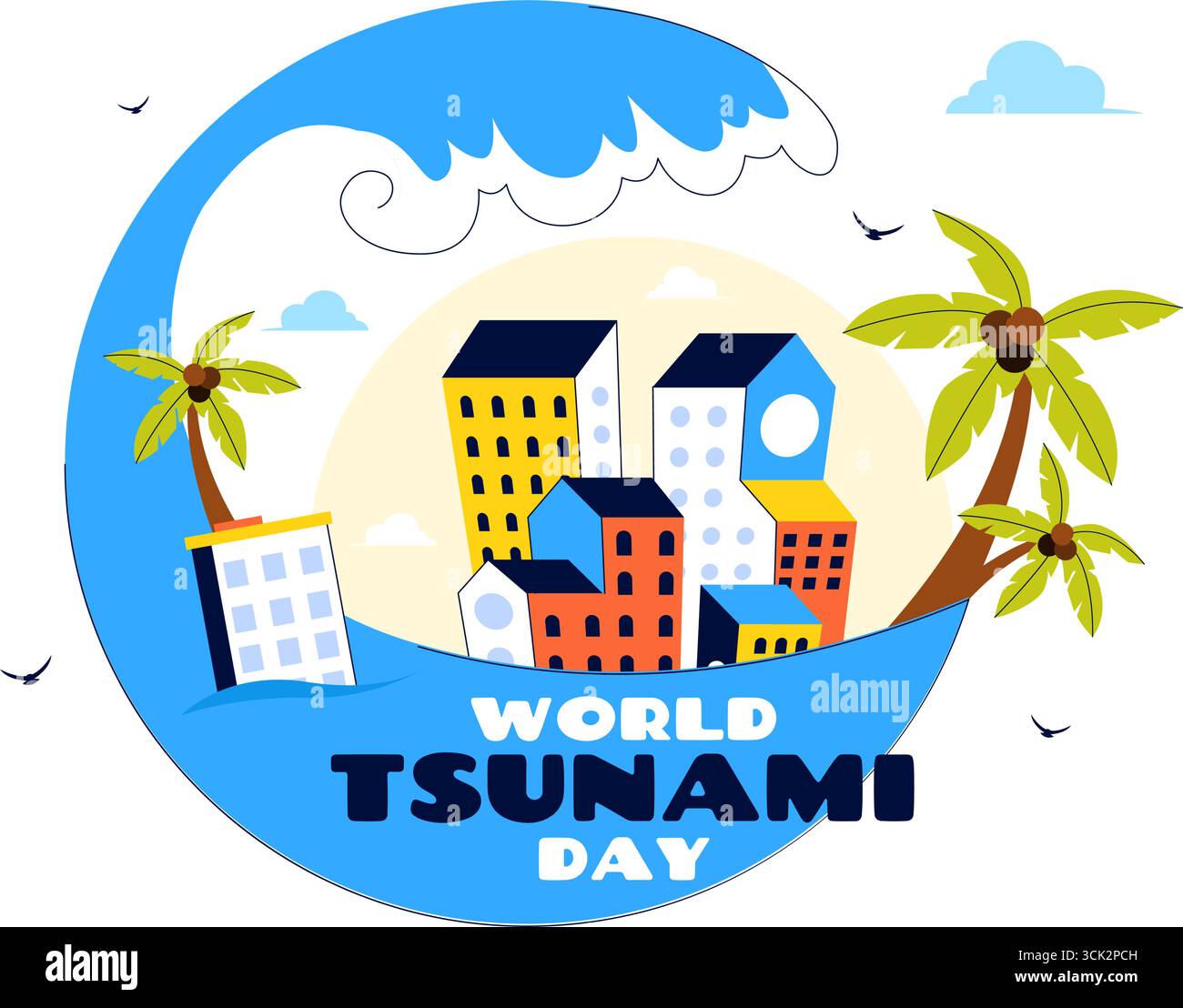 Journée mondiale de sensibilisation aux tsunamis illustration vectorielle le 5 novembre, mettant en scène des vagues s'écrasant dans des maisons, des arbres et des bâtiments dans un fond de style plat Illustration de Vecteur
