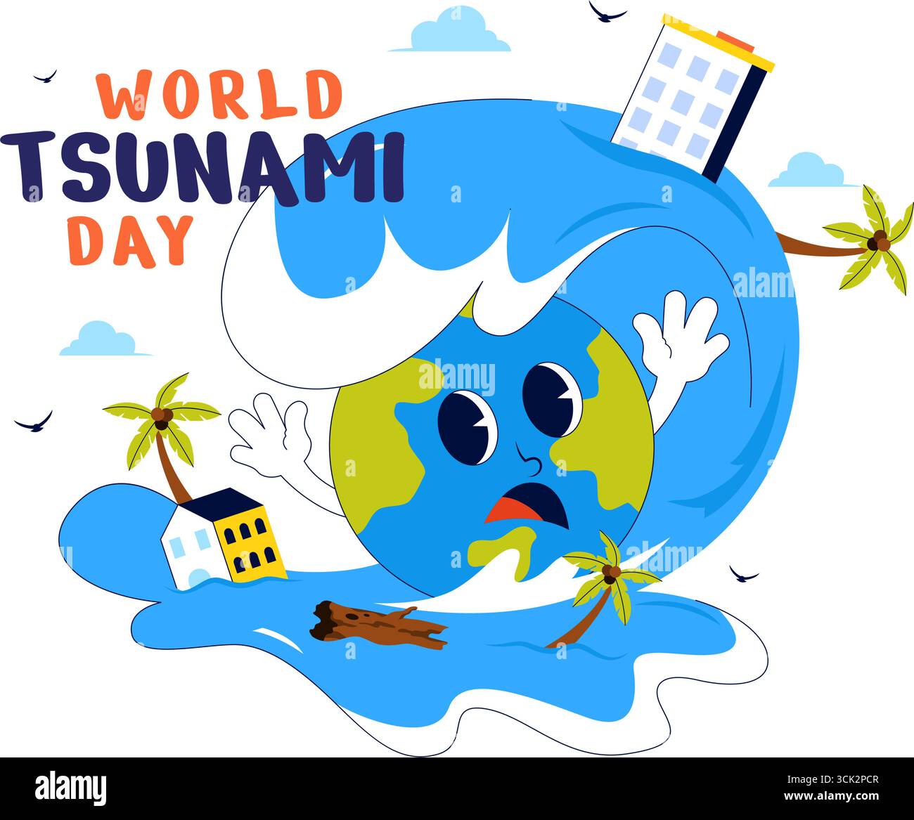 Journée mondiale de sensibilisation aux tsunamis illustration vectorielle le 5 novembre, mettant en scène des vagues s'écrasant dans des maisons, des arbres et des bâtiments dans un fond de style plat Illustration de Vecteur