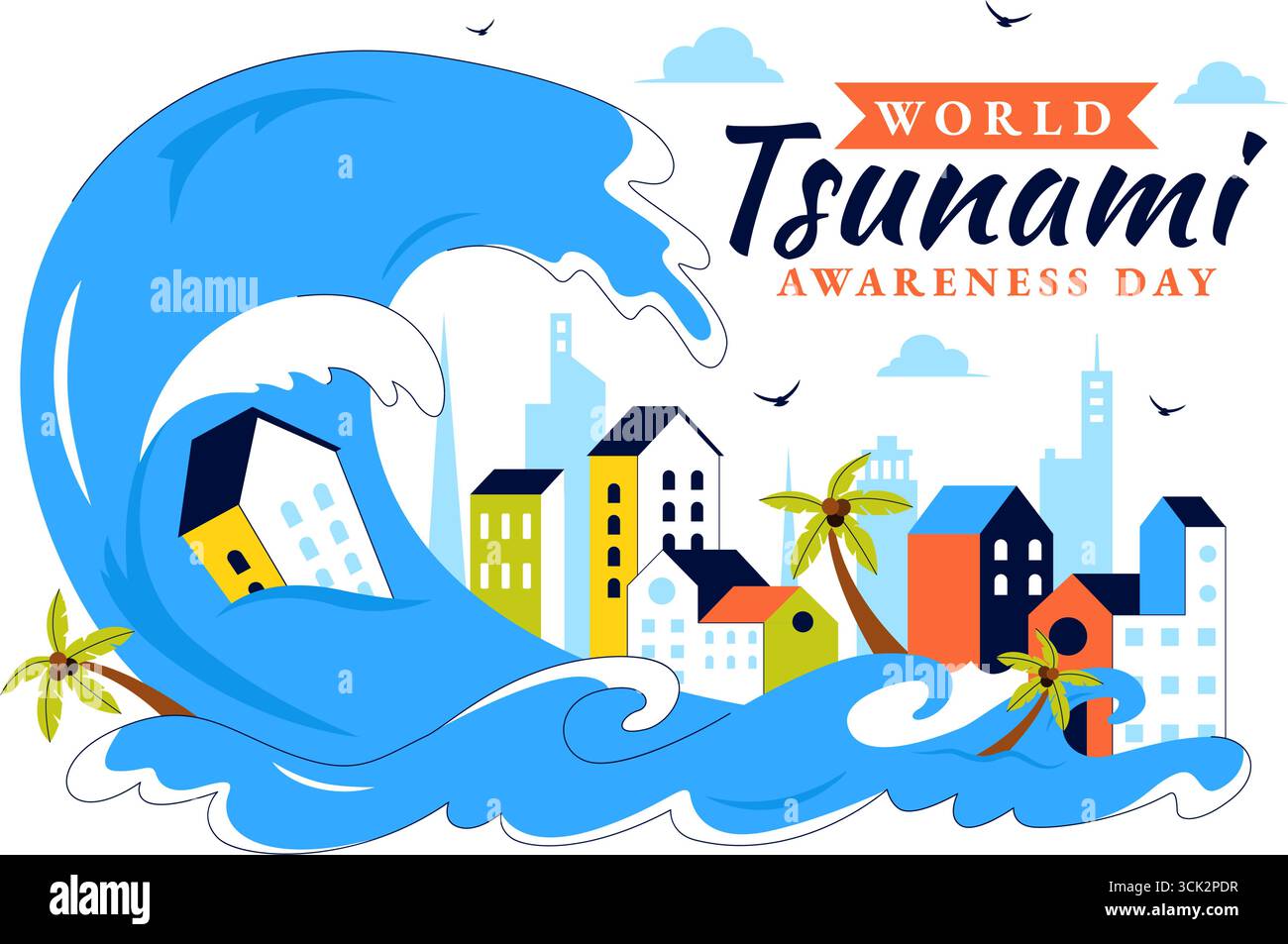 Journée mondiale de sensibilisation aux tsunamis illustration vectorielle le 5 novembre, mettant en scène des vagues s'écrasant dans des maisons, des arbres et des bâtiments dans un fond de style plat Illustration de Vecteur