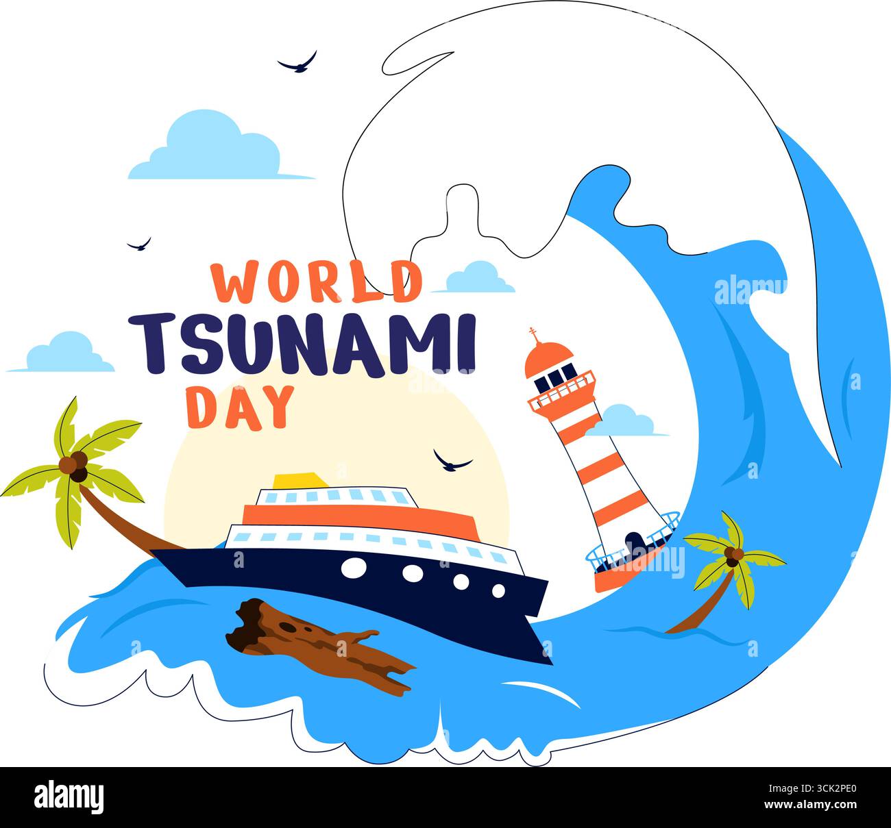 Journée mondiale de sensibilisation aux tsunamis illustration vectorielle le 5 novembre, mettant en scène des vagues s'écrasant dans des maisons, des arbres et des bâtiments dans un fond de style plat Illustration de Vecteur