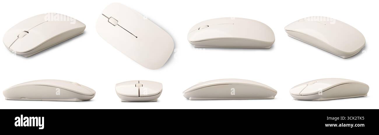 ensemble de souris d'ordinateur sans fil blanche fond blanc isolé, design ergonomique élégant avec molette de défilement dans différents angles, outil essentiel Banque D'Images