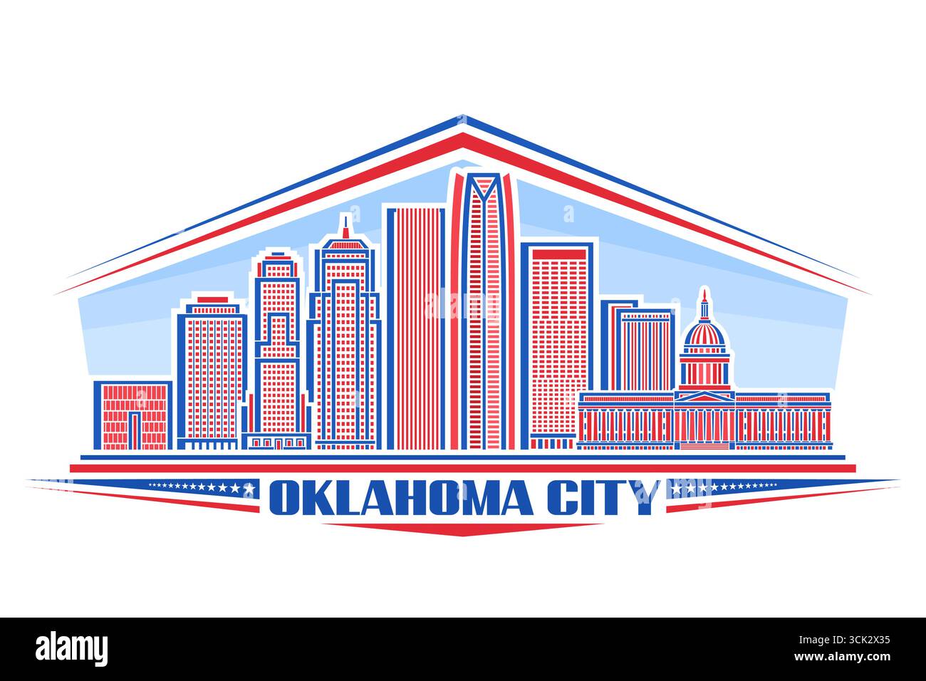 Illustration vectorielle d'Oklahoma City, signe décoratif horizontal avec design linéaire paysage de ville des États-Unis sur fond de ciel de jour, ligne urbaine art con Illustration de Vecteur