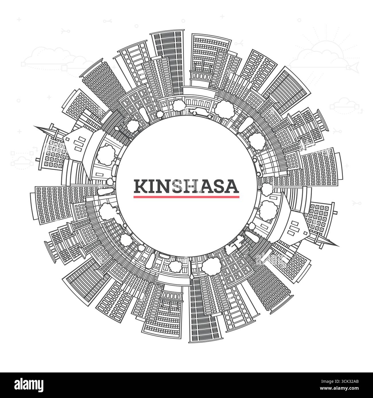 Aperçu de Kinshasa Congo Skyline avec bâtiments modernes et historiques isolés sur blanc. Illustration vectorielle. Kinshasa Afrique Cityscape avec Landmark Illustration de Vecteur