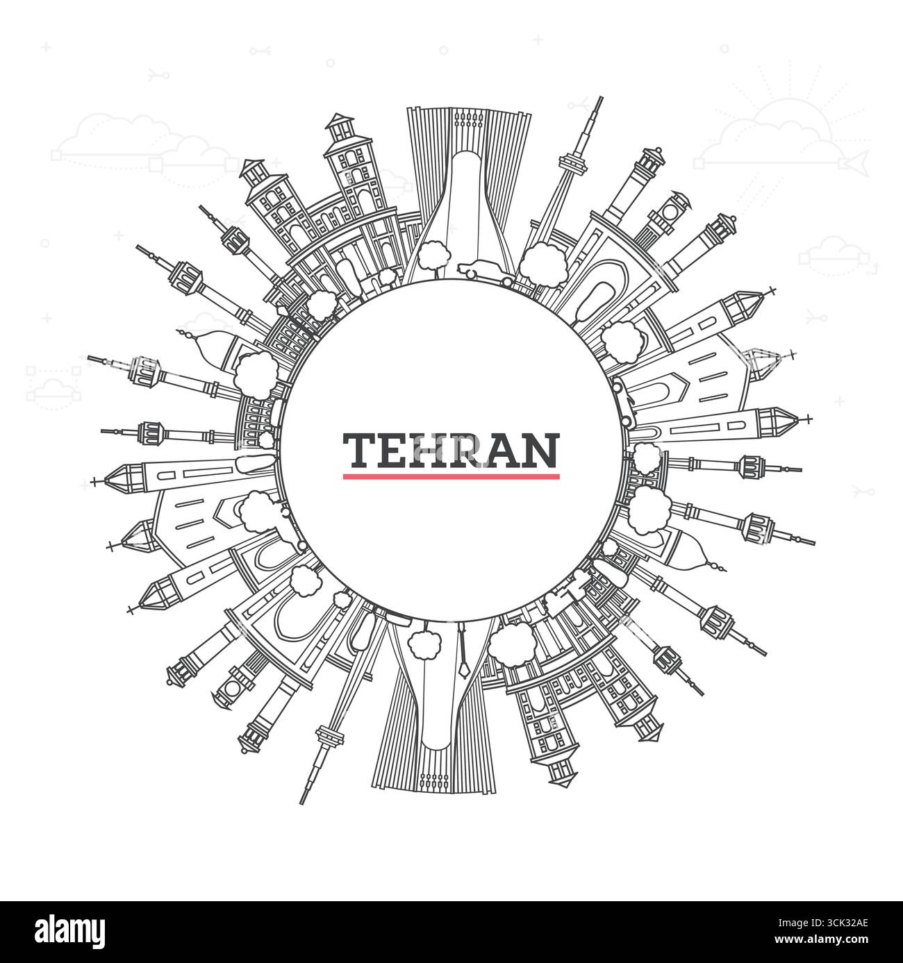Aperçu de Téhéran Iran City Skyline avec des bâtiments modernes et historiques isolés sur blanc. Illustration vectorielle. Paysage de la Perse de Téhéran avec des monuments. Illustration de Vecteur