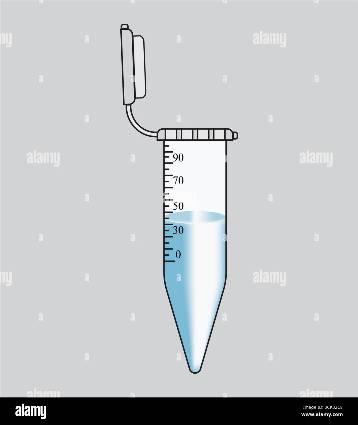 Illustration d'un tube à centrifuger de laboratoire avec mesures graduées et liquide bleu, isolé sur fond gris. Illustration de Vecteur
