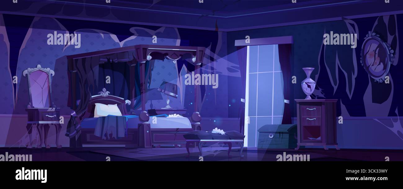 Intérieur de nuit de chambre abandonné avec des meubles poussiéreux, miroir cassé et toiles d'araignée partout. Vieux lit à baldaquin, commode vintage avec vase, rideau déchiré par la fenêtre. Mystérieuse horreur ou scène de maison hantée Illustration de Vecteur