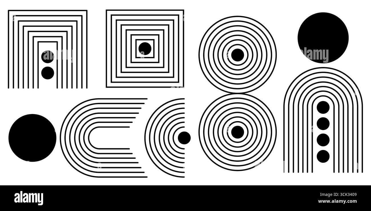 Compositions de lignes abstraites avec des formes d'arc et d'arc-en-ciel pour la conception graphique moderne - rectangles, cercles avec des points, lignes courbes et sphères. Éléments noirs minimalistes pour affiches contemporaines. Illustration de Vecteur