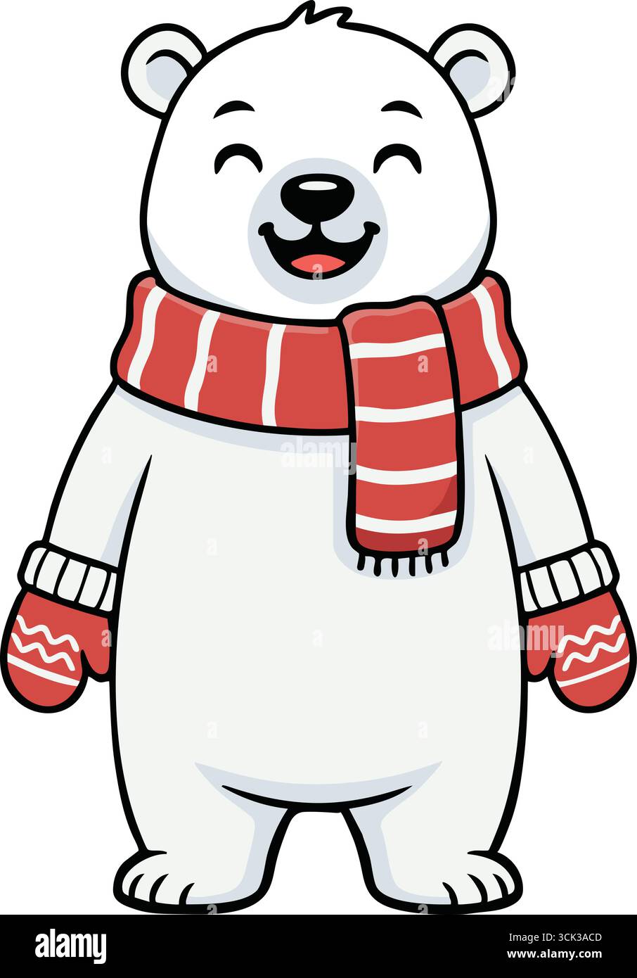 Un ours blanc joyeux dans une écharpe rayée et des moufles à motifs soulève une patte en saluant. Illustration de Vecteur