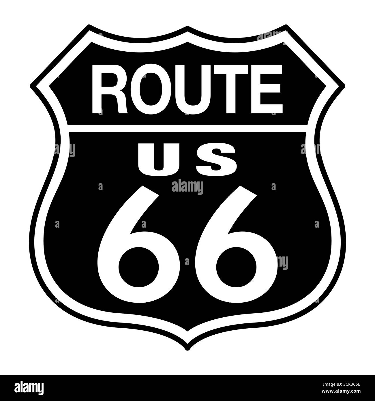 Bouclier de la route 66. Panneau et représentation classique de l'autoroute de la route 66. U.S. route 66, Mother Road, une autoroute historique de 2 400 km. Banque D'Images