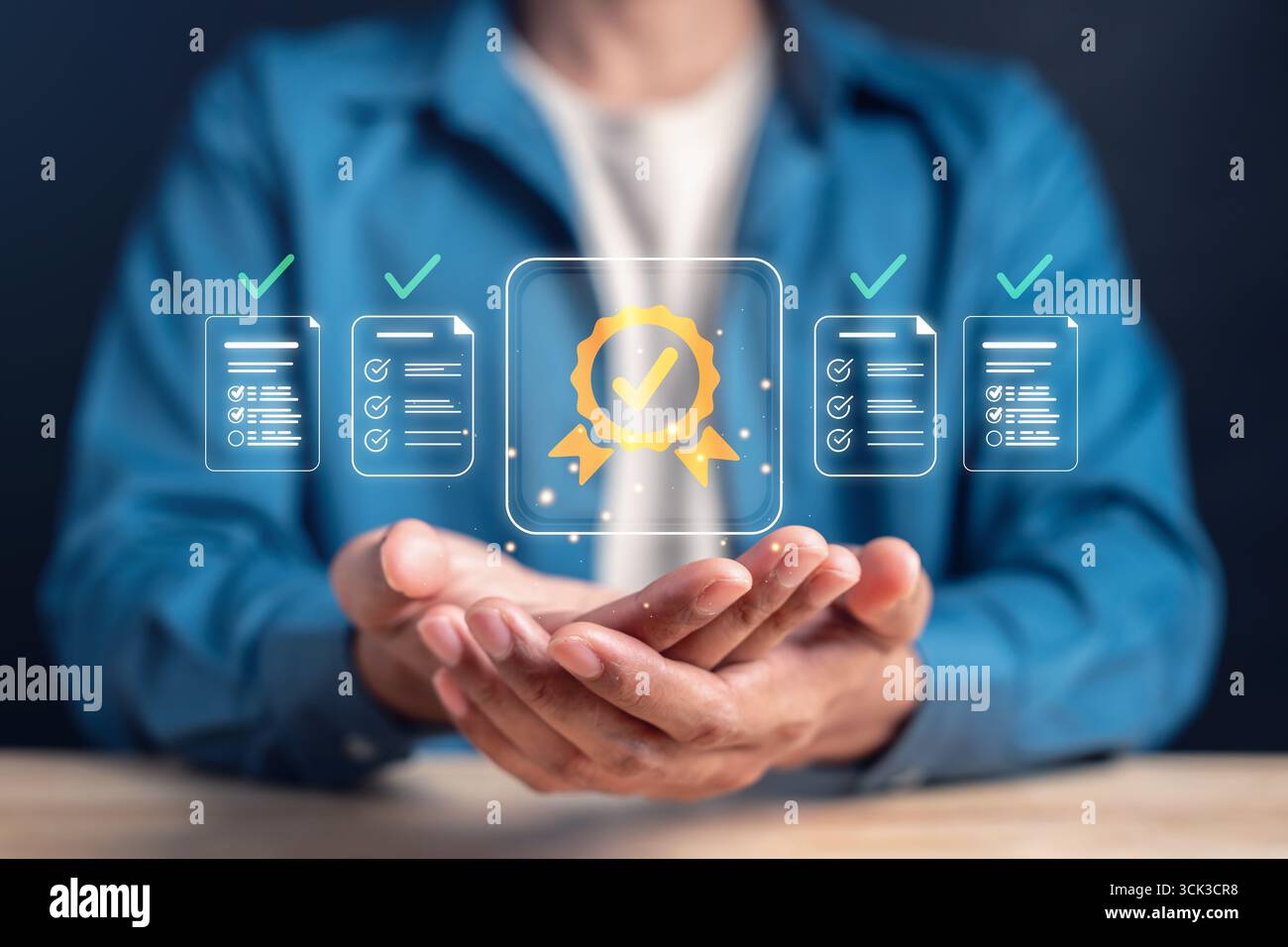 Liste de contrôle d'assurance qualité, icône de document certifié, vérification de conformité, certification standard, système de gestion de documents, rapport d'audit, quali Banque D'Images