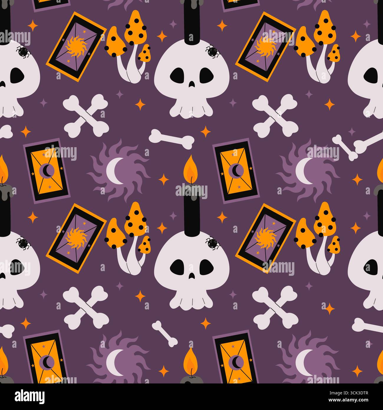 Modèle sans couture de sorcellerie. Crâne mystique avec bougie, araignée, cartes de tarot, champignons magiques Bones sur fond violet. Illustration vectorielle pour Hallow Illustration de Vecteur