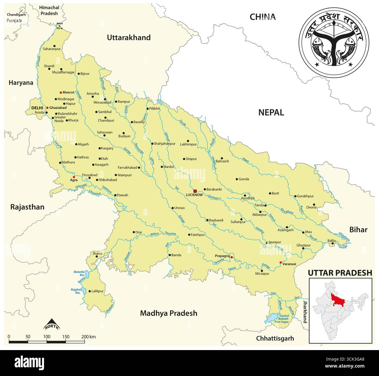 Carte de l'État indien du nord de l'Uttar Pradesh Banque D'Images