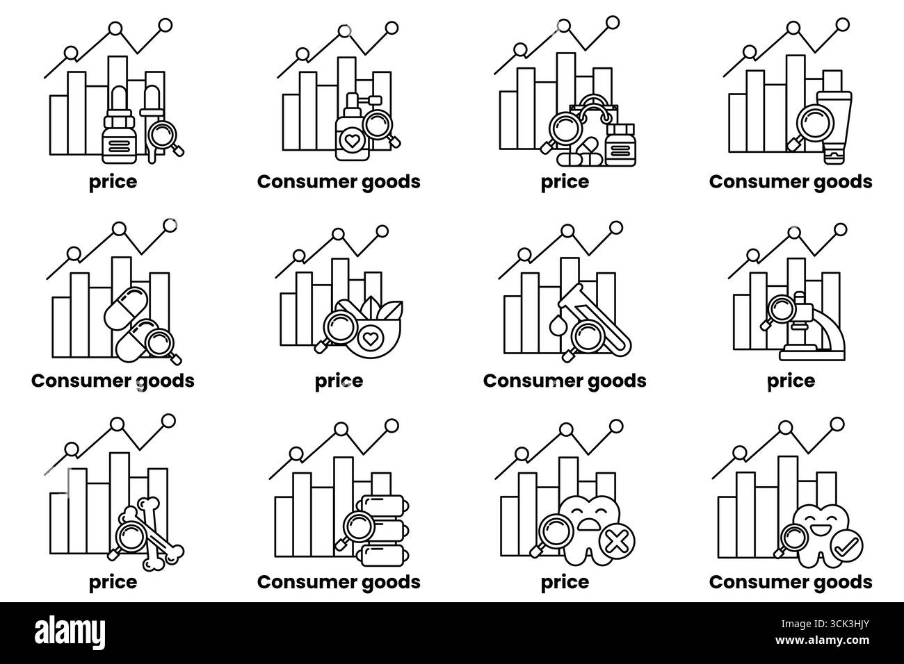 L'image est une collection de graphiques et d'icônes représentant différents biens de consommation et leurs prix. Les graphiques sont de différentes couleurs et tailles, et Illustration de Vecteur