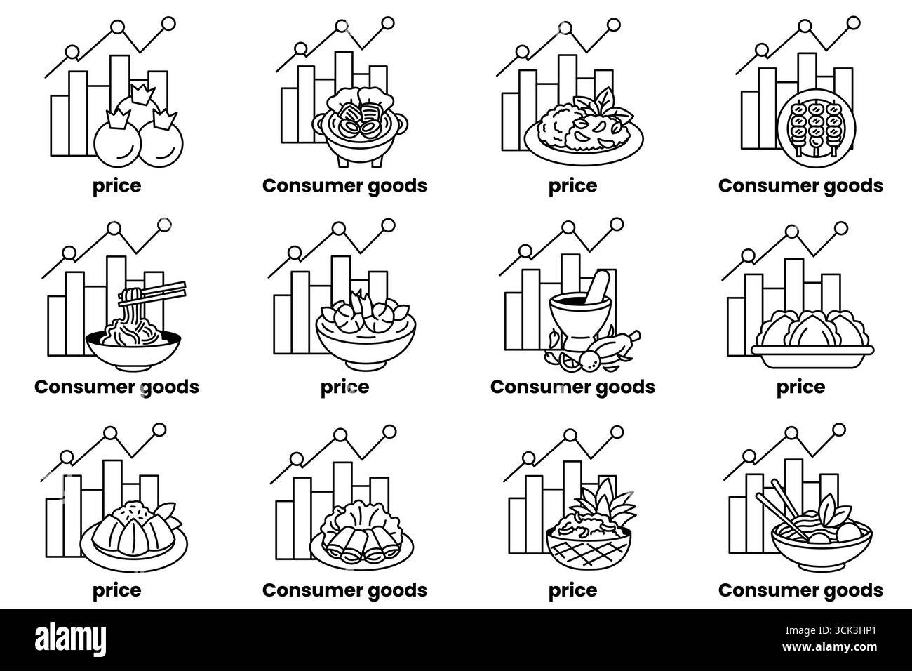 Un ensemble d'images de produits alimentaires et de consommation avec des graphiques de prix. Les images sont de divers aliments et plats, tels qu'un bol de nouilles, une assiette de fruits, Illustration de Vecteur