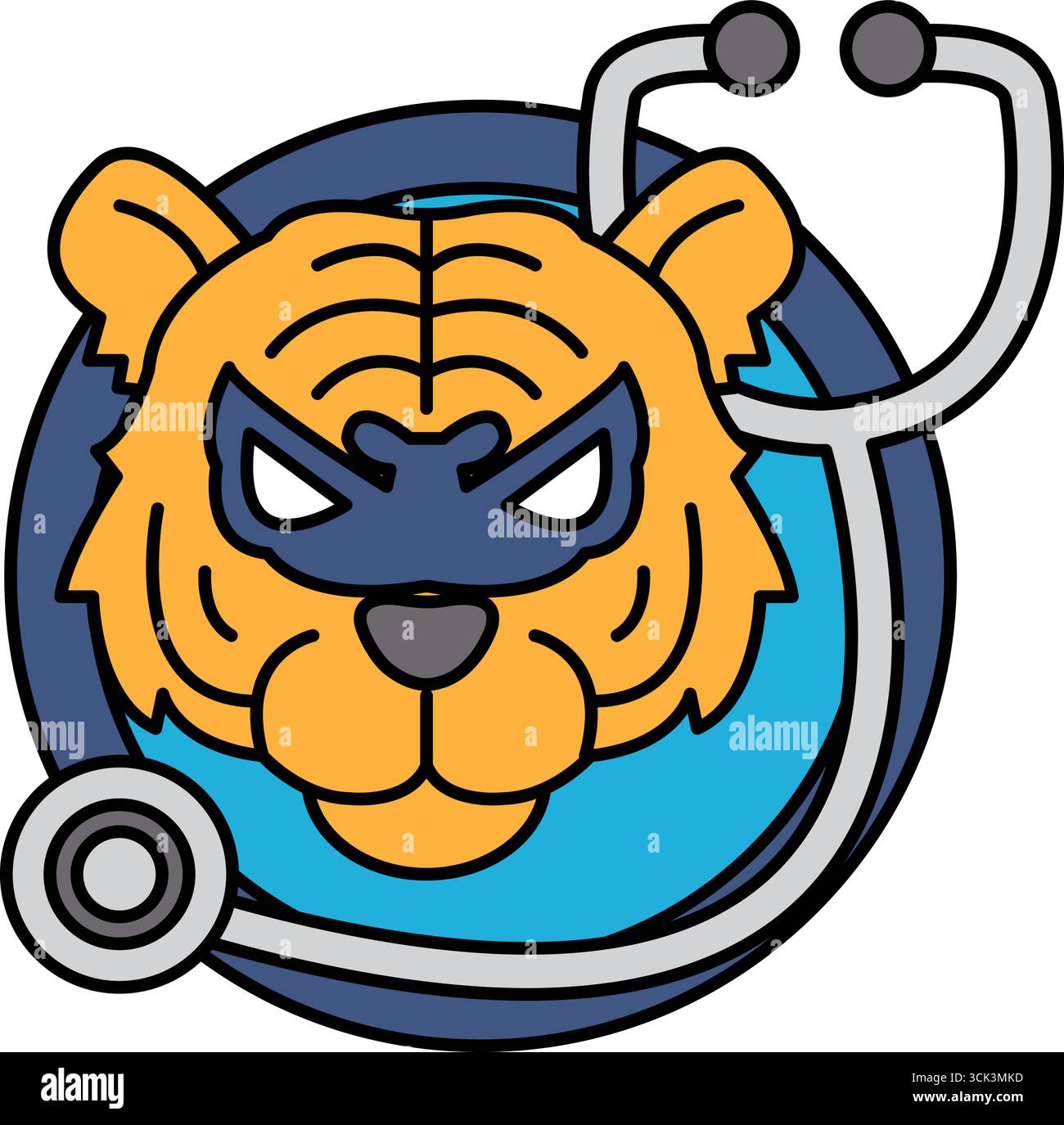 Un tigre de dessin animé avec un masque sur son visage et un stéthoscope autour de son cou. Les yeux du tigre sont grands ouverts, et il a l'air en colère Illustration de Vecteur