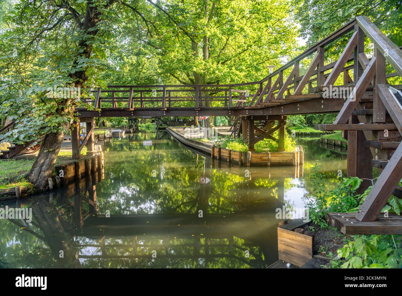 Holzbrücke im Freilandmuseum beim Spreewalddorf Lehde, Lübbenau / Spreewald, Brandenburg, Deutschland | Pont en bois du musée en plein air dans le vi Banque D'Images