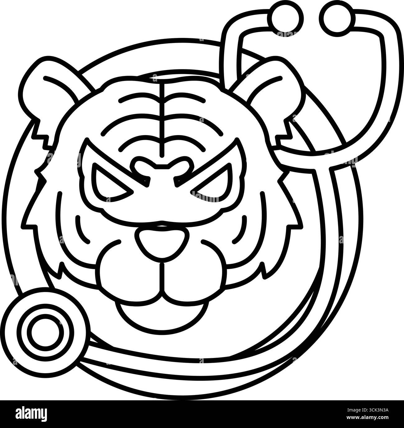 Un tigre de dessin animé avec un masque sur son visage et un stéthoscope autour de son cou. Les yeux du tigre sont grands ouverts, et il a l'air en colère Illustration de Vecteur