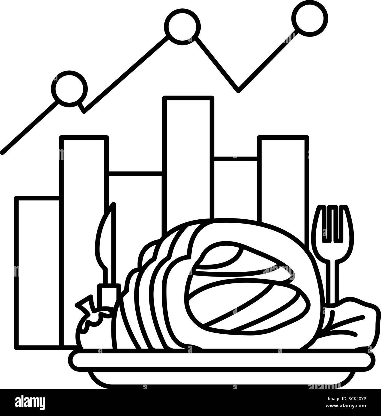 Une assiette de nourriture avec un couteau et une fourchette dessus. La plaque est sur fond blanc avec un graphique montrant la croissance de l'industrie alimentaire Illustration de Vecteur