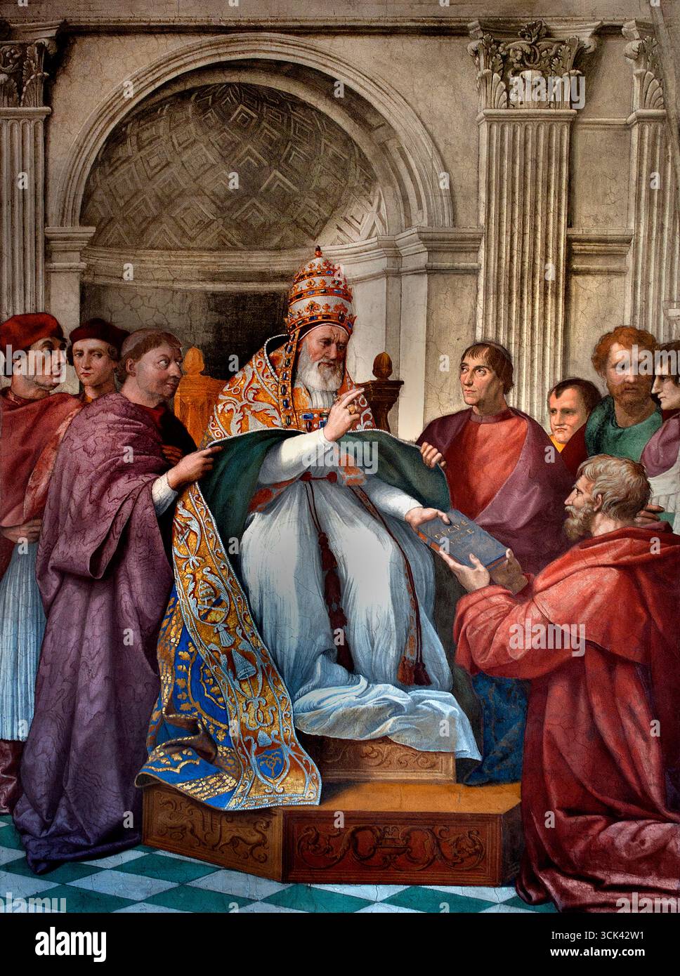 La prestation de l'Décrétales au Pape Grégoire IX, une fresque murale dans la Chambres de Raphaël. La peinture représente le Pape Grégoire IX de la commande, en 1230, son aumônier et confesseur, saint Raymond de Pennafort (Peñaforte), un Dominicain, pour former une nouvelle collection canonique destinée à remplacer toutes les anciennes collections. Les Chambres de Raphaël (tanze di Raffaello) Raffaello Sanzio da Urbino 1483 - 1520 fresco appartements pontificaux Vatican Rome Italie Banque D'Images