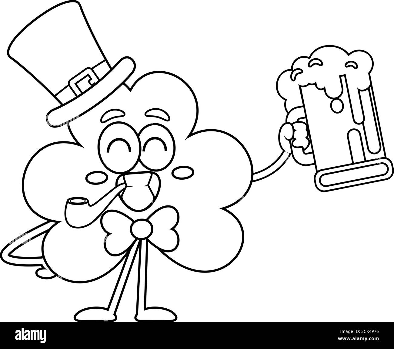 Souligné, Patrick's Clover Leaf Cartoon personnage avec Pipe Holding Mug de bière. Illustration vectorielle dessinée à la main isolée sur fond transparent Illustration de Vecteur