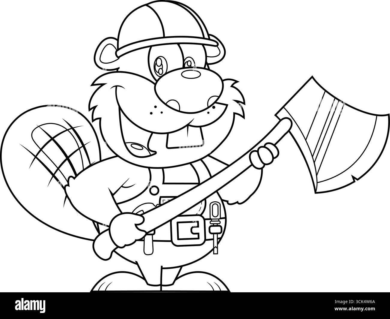 Personnage de dessin animé mignon Beaver délimité portant Un casque tenant une hache. Illustration vectorielle dessinée à la main isolée sur fond transparent Illustration de Vecteur