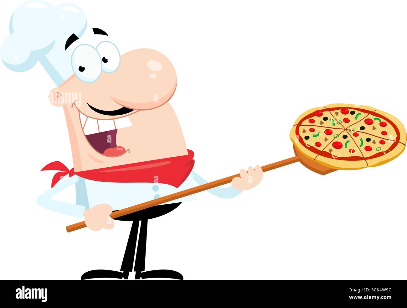 Joyeux Chef Man Cartoon personnage insérant Une pizza. Illustration vectorielle Flat Design isolé sur fond transparent Illustration de Vecteur