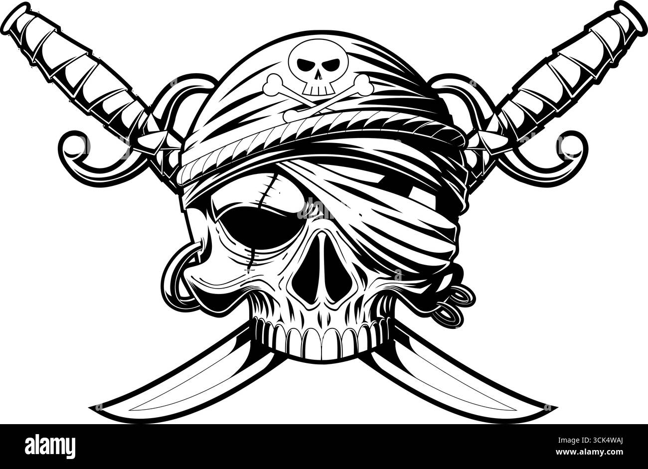 Crâne de pirate avec deux Sabres Graphic logo Design. Illustration vectorielle dessinée à la main isolée sur fond transparent Illustration de Vecteur Crâne de pirate avec deux Sabres Graphic logo Design. Illustration vectorielle dessinée à la main isolée sur fond transparent Illustration de Vecteur