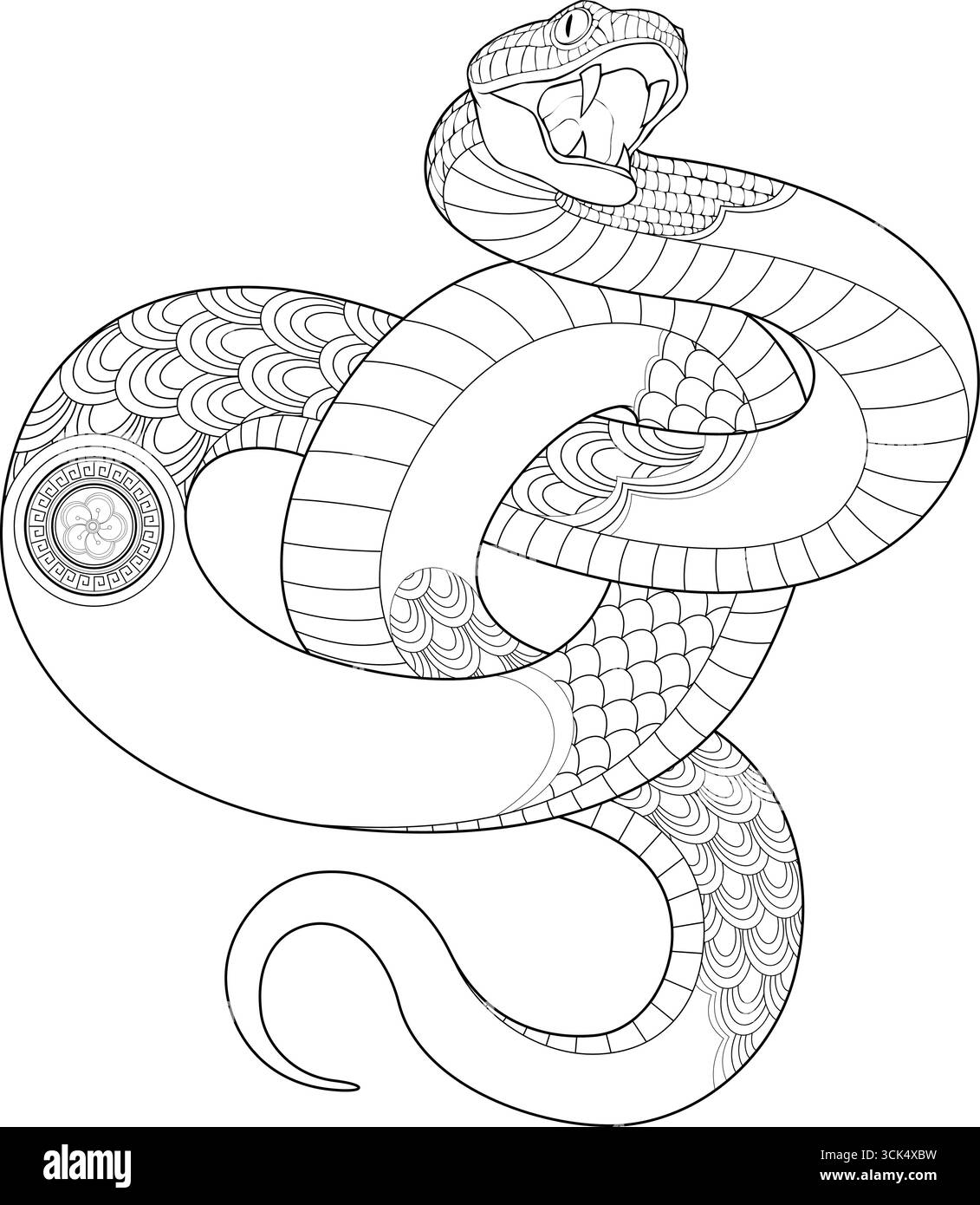 Noir et blanc Snake illustration symbole du nouvel an chinois 2025. Illustration vectorielle dessinée à la main isolée sur fond transparent Illustration de Vecteur
