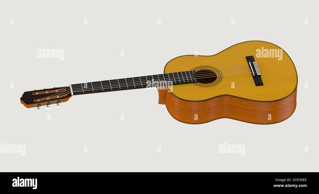 Une guitare acoustique classique reposant sur une surface, mettant en valeur son corps en bois et ses cordes. Banque D'Images