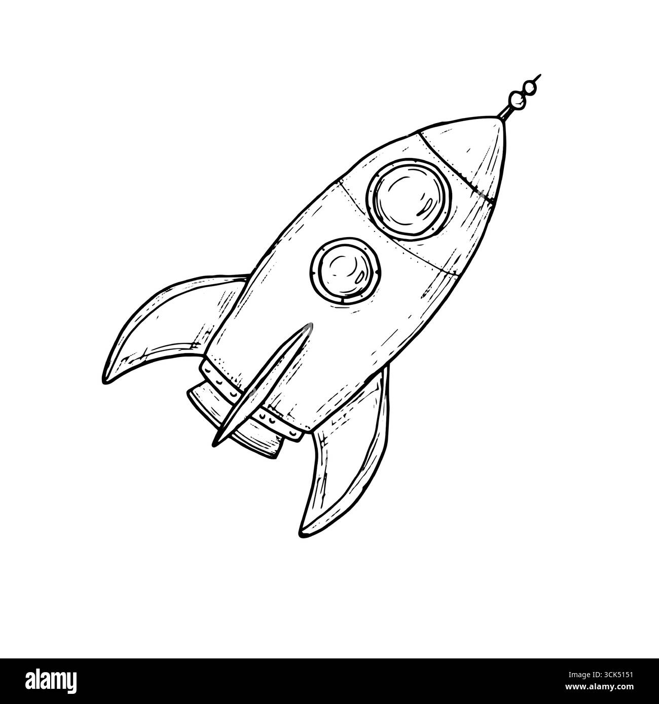 Jouet fusée pour enfants, croquis noir et blanc. Illustration vectorielle. Jouet spatial volant, isolé sur un fond blanc. Thème de l'enfance, anniversaire, pour p Illustration de Vecteur