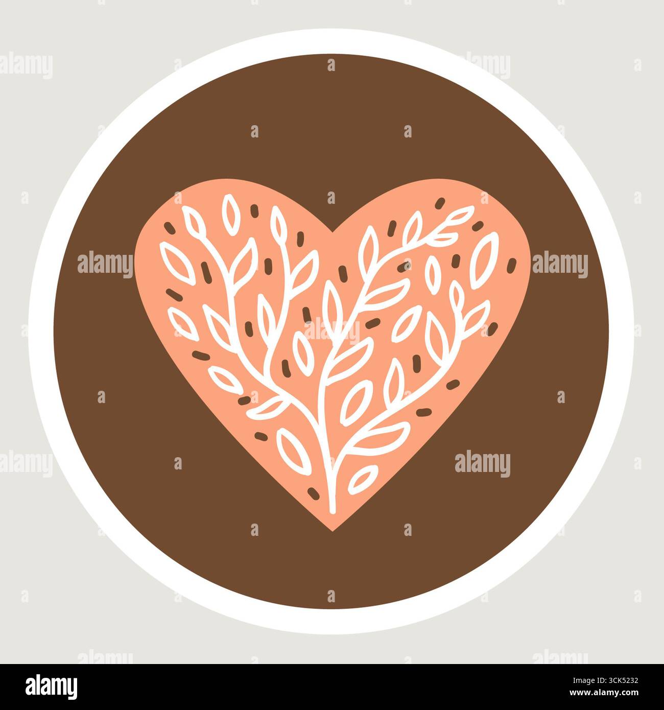 Un cœur stylisé rempli de branches feuillues sur un fond marron, symbolisant l'amour et la nature. Banque D'Images