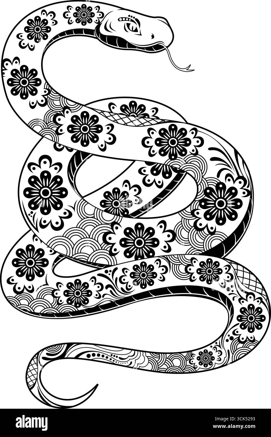 Décrit le nouvel an chinois 2025 année du zodiaque serpent. Illustration vectorielle dessinée à la main isolée sur fond transparent Illustration de Vecteur