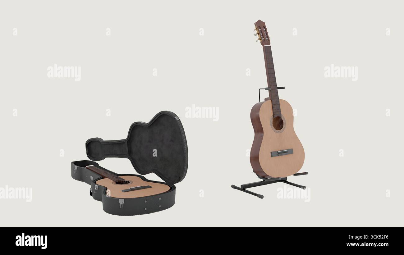 Une guitare exposée sur un stand à côté d'un étui ouvert. Banque D'Images