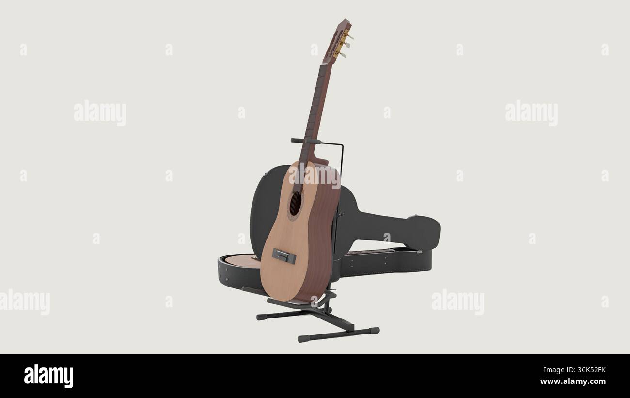 Une guitare exposée sur un stand, mettant en valeur son design et sa fonctionnalité. Banque D'Images