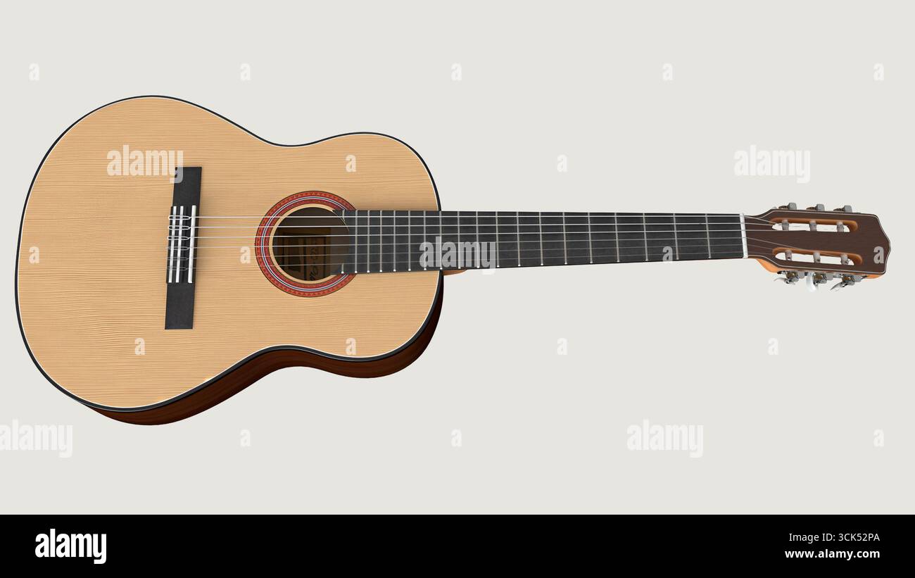 Une guitare classique exposée d'un angle latéral, mettant en valeur son corps en bois et ses cordes. Banque D'Images