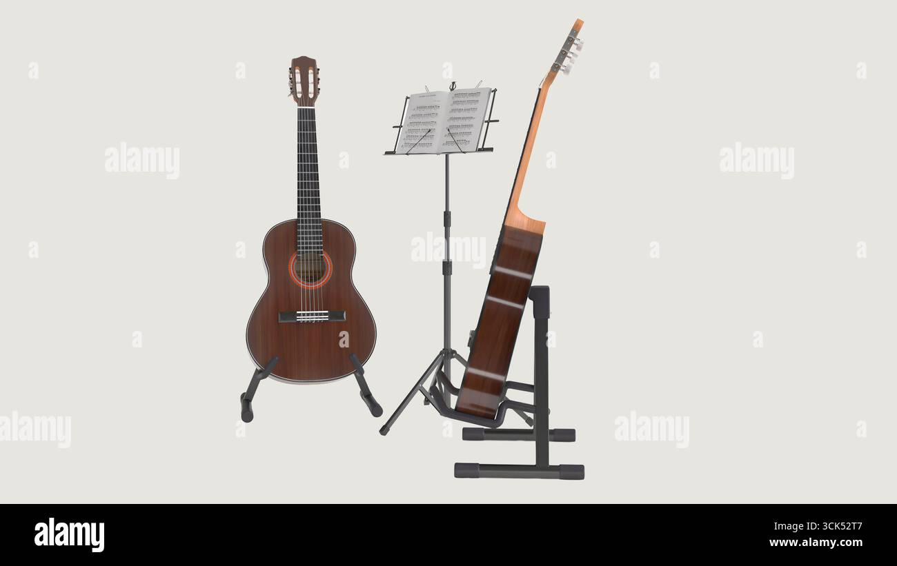 Une guitare en bois et un support avec un porte-feuille de musique, présentant des instruments de musique pour la pratique ou la performance. Banque D'Images