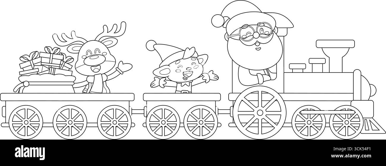 Décrit le Père Noël mignon, Elfe et renne chevauchant Un train de Noël festif avec cadeaux personnages de dessin animé. Illustration vectorielle dessinée à la main Illustration de Vecteur
